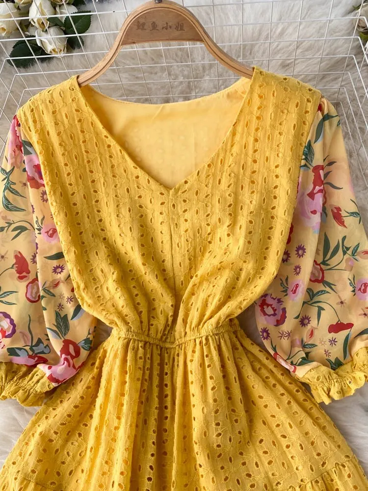 Znbbw Women Summer Dress Ethnic Printed Panel Hollow V-neck Temperament Vestidos Female Small Stature Seaside Holiday D2047 - Image 3