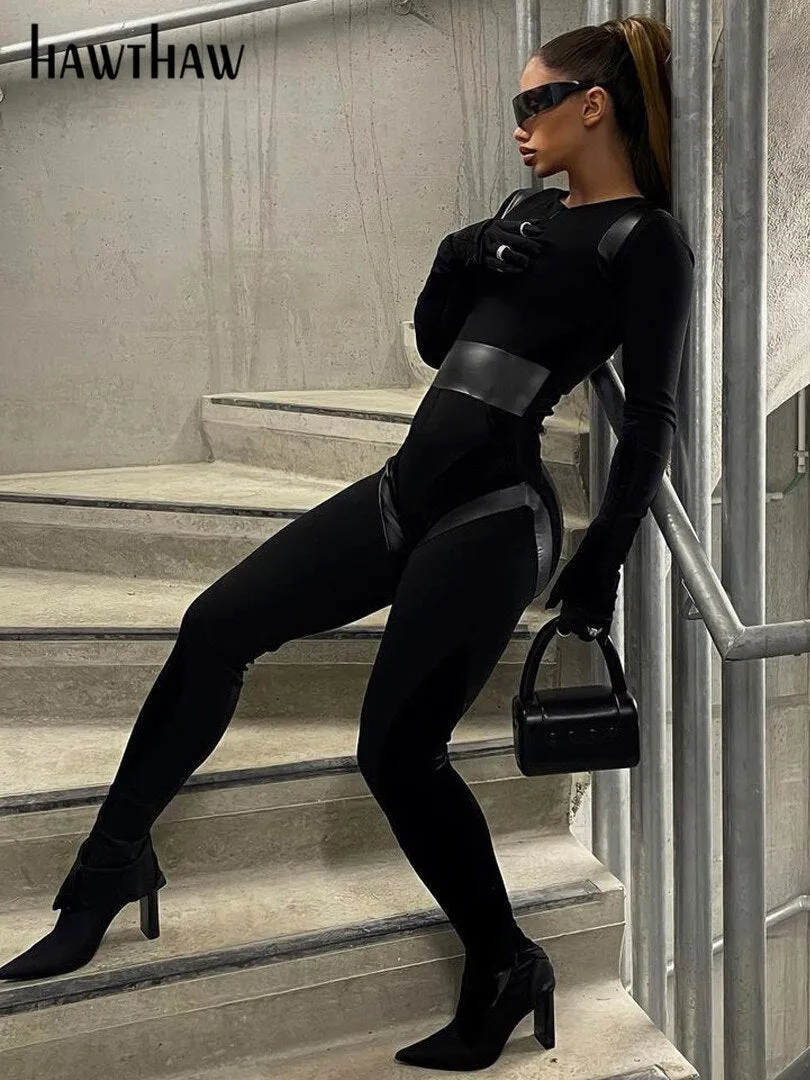 Znbbw Women Long Sleeve Bodycon Streetwear Black Jumpsuit Overalls One Piece Outfit 2023 Autumn Wholesale Items For Business - Image 2