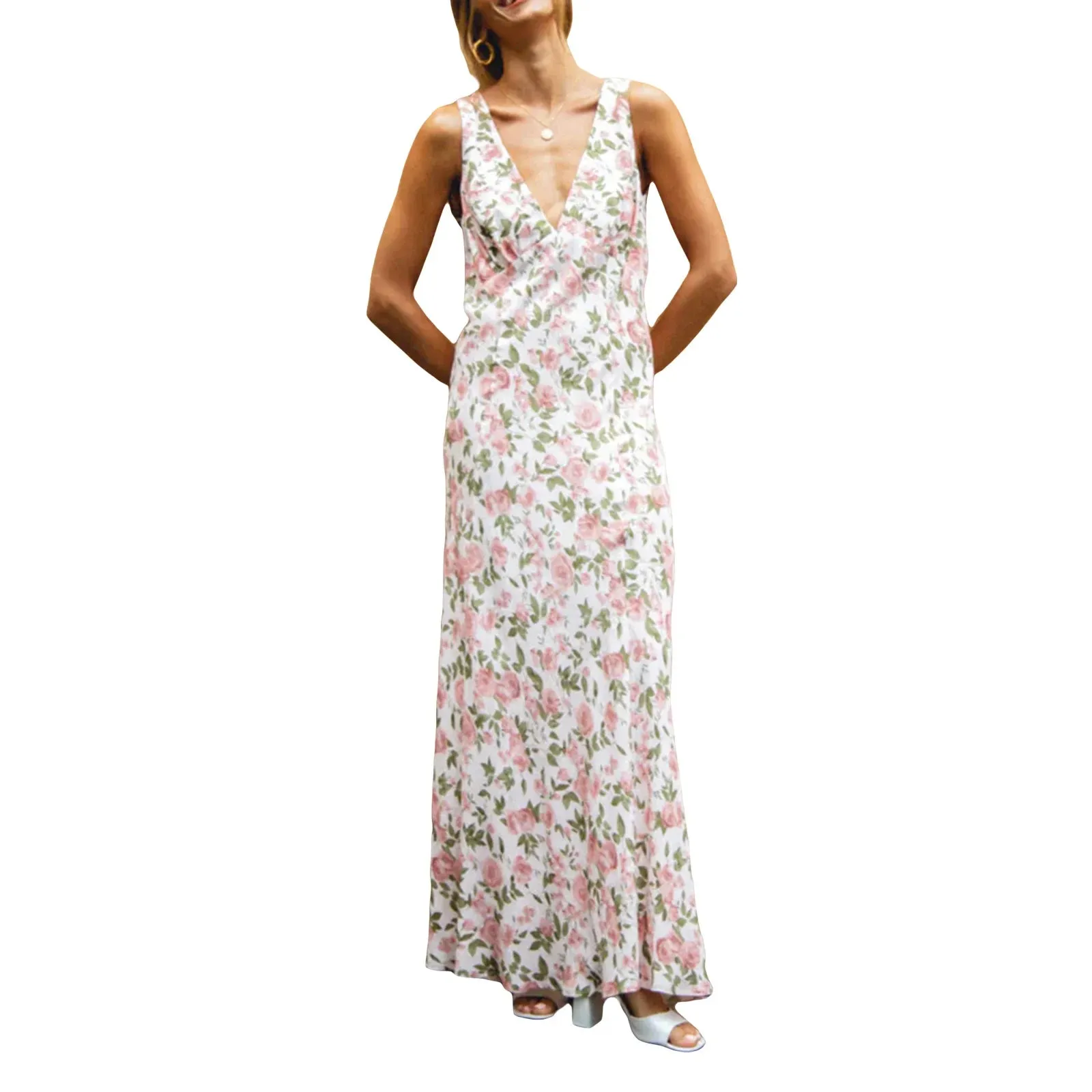 Znbbw Women y2k Aesthetic V Neck Maxi Dress Vintage Floral Print Sleeveless Backless Long Dress Bohemian Beach Midi Dress Streetwear - Image 7