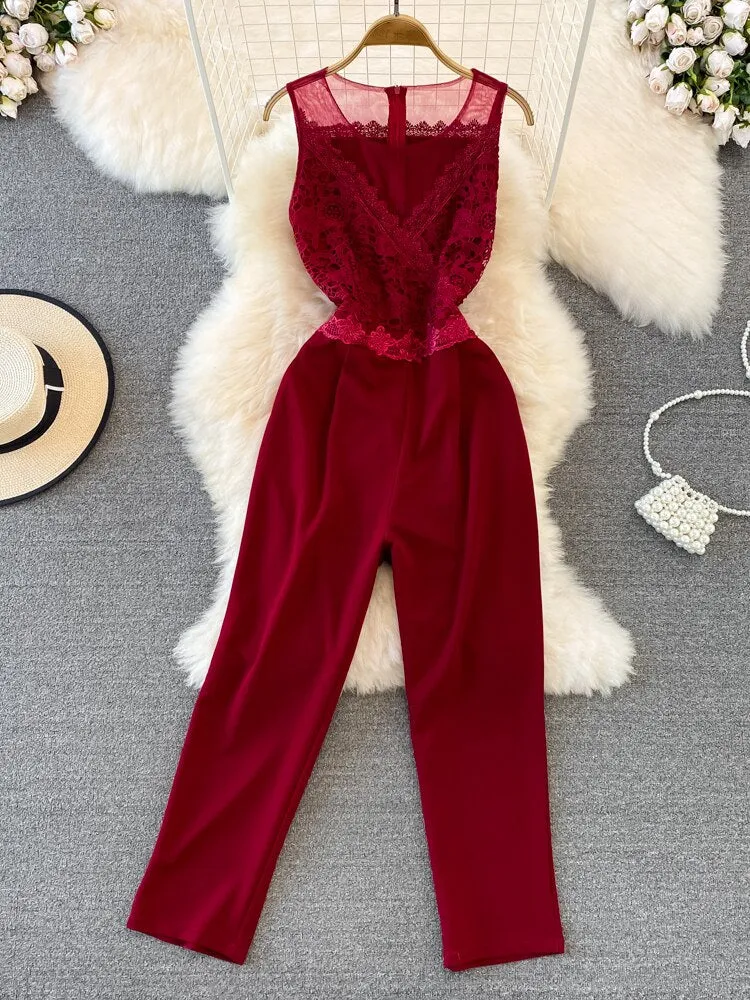 Znbbw Women Summer Jumpsuits Self-cultivation Fashionable Jumpsuit Round Neck Lace Panel Waist Tight Straight Jumpsuit Long Pant D2729 - Image 3