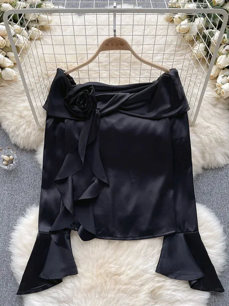 Znbbw Women Spring Blouse Satin Shirt with Exquisite Temperament Unique Top Spicy Girl Three-dimensional Flower Shoulder Shirt D5297 - Image 2