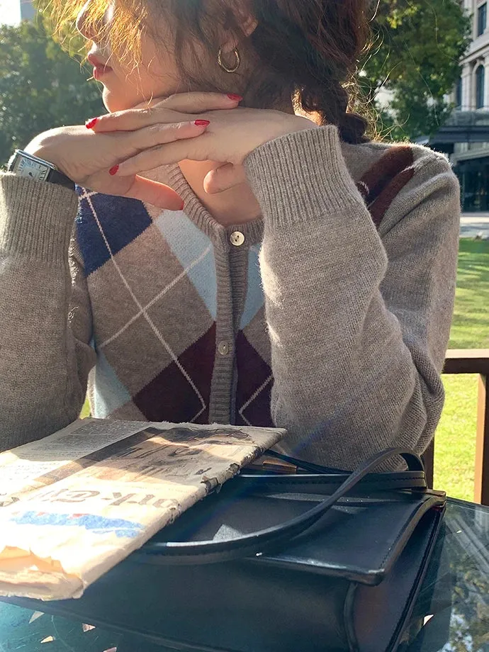 Znbbw Autumn And Winter Fashion Ladies New Knitted Cardigan Loose Korean Retro Round Neck Plaid Sweater Women's All-match Blouse - Image 2