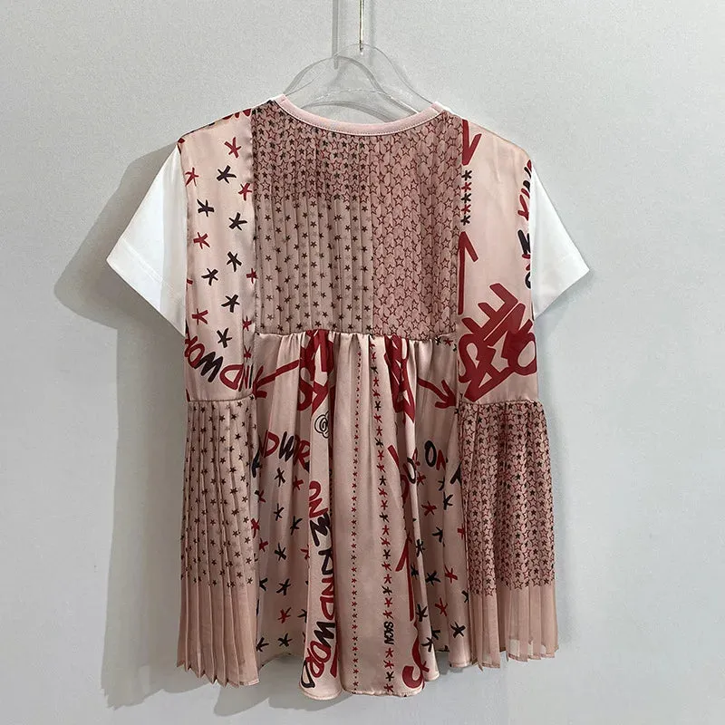 Znbbw 2024 Summer Pleated Printed Tees O Neck Short-sleeved Y2k Tops Loose Casual Ropa Mujer Hit Color Fake Two T Shirt - Image 4