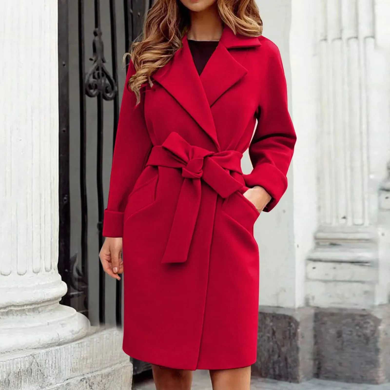 Znbbw Women Hot Pink Trench Coat Casual Mid Long Overcoat Lapel Open Front Cardigan Outwear Woolen Boot Winter Jackets for Women - Image 3