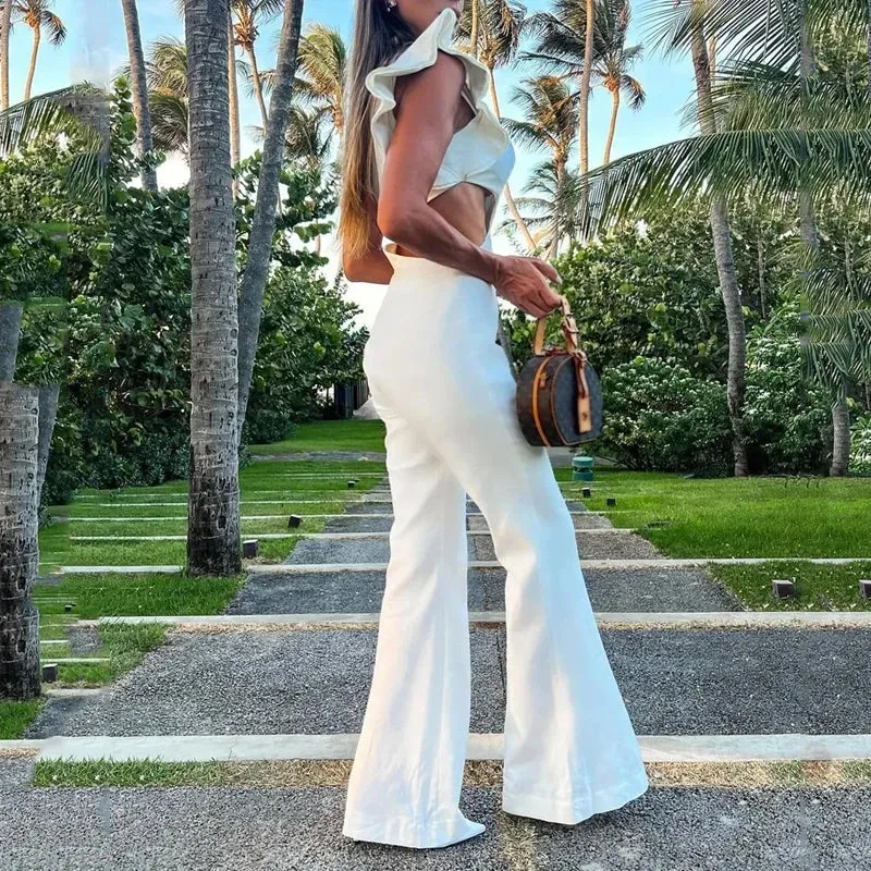 Znbbw Women Jumpsuit Summer Fashion One Shoulder Flying Sleeve Hollow Out Solid Color Overall Wide Legs Jumpsuit Streetwear - Image 2