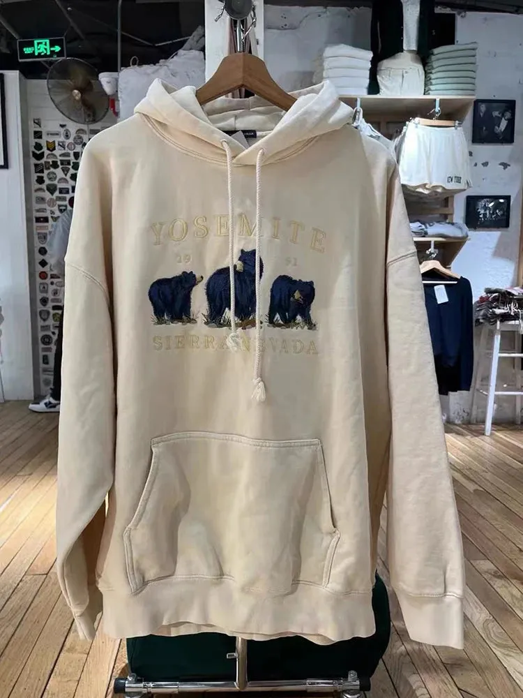 Znbbw Bear Embroidery Beige Hoodie Women Autumn Cotton Pocket Loose Hooded Sweatshirt Vintage Cute Streetwear Pullovers Top Y2k - Image 7