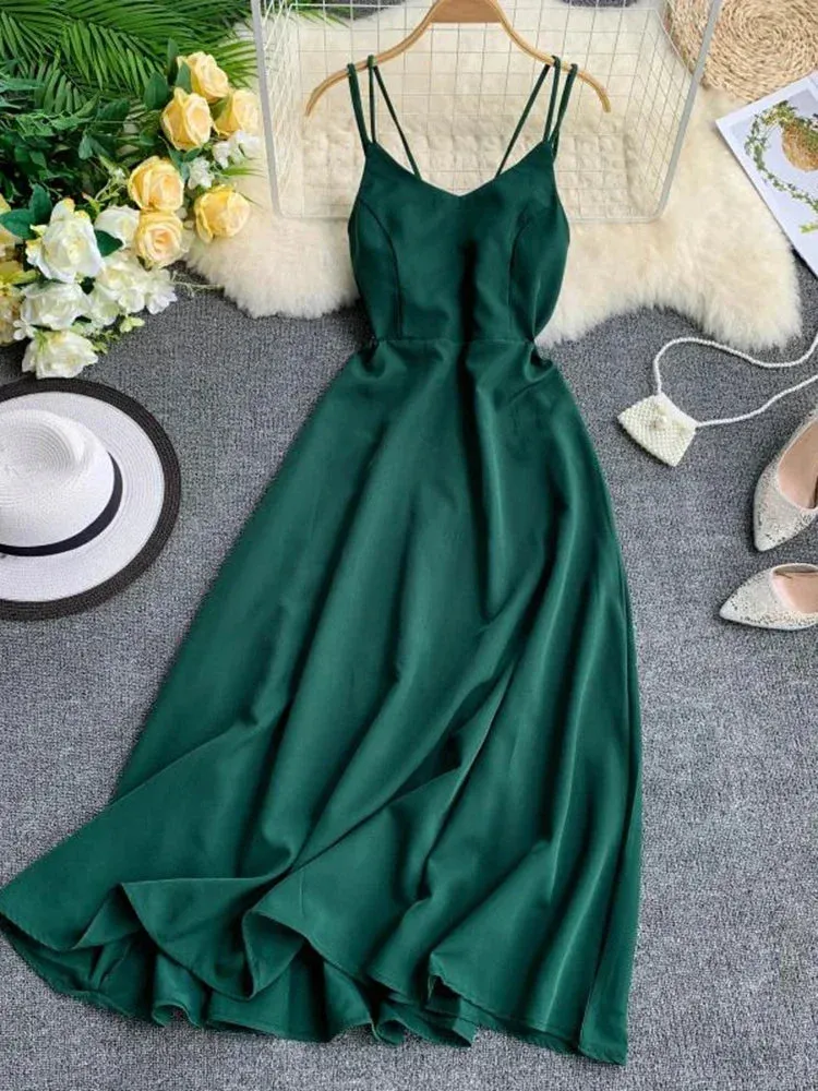 Znbbw Women's Holiday Long Dress Cross Sling Backless Solid Color Dress Beach Style Sexy Split Swing Dress Women Purple Dreess GD356 - Image 2