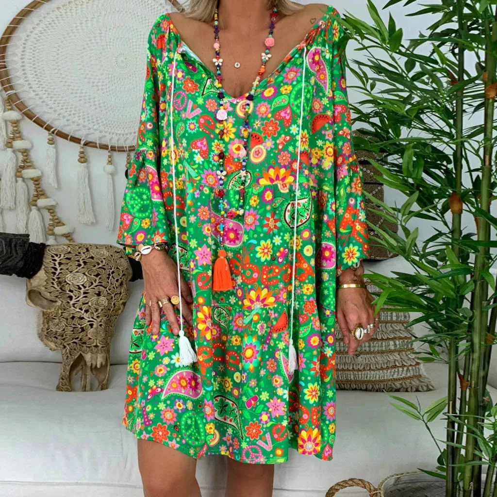 Znbbw Women's Vintage Retro Loose Floral Mini Dress Tropical Boho Print Floral Beach Dress Three Quarter Sleeve S-5XL Large Size Dress - Image 2