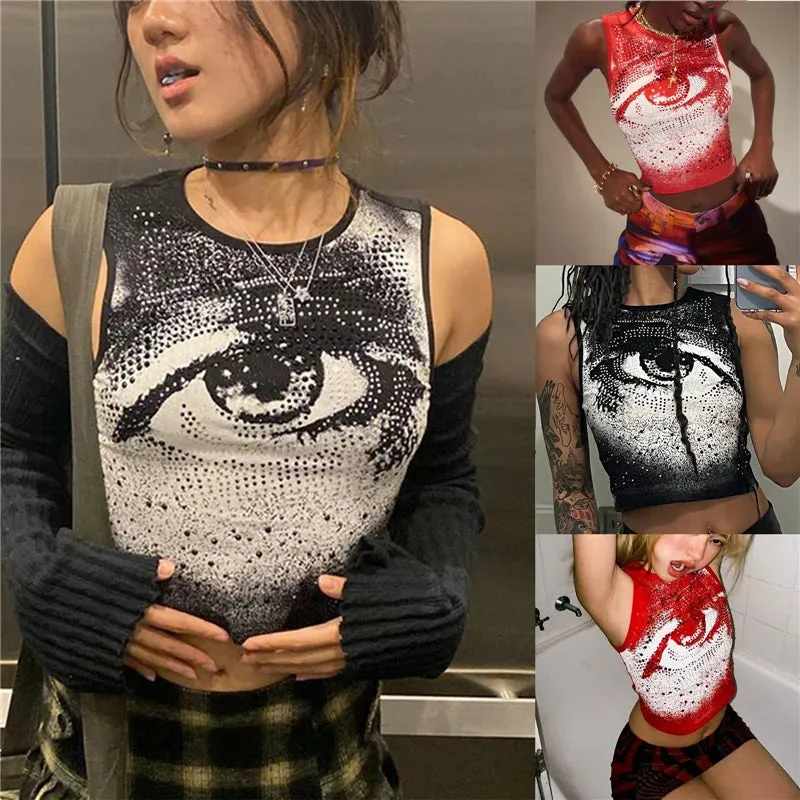 Znbbw Y2k E-girl Gothic Grunge Tank Top Rhinestone Eye Print Aesthetic Dark Academia Sleeveless Round Neck Crop Top Mini Vest - Image 3