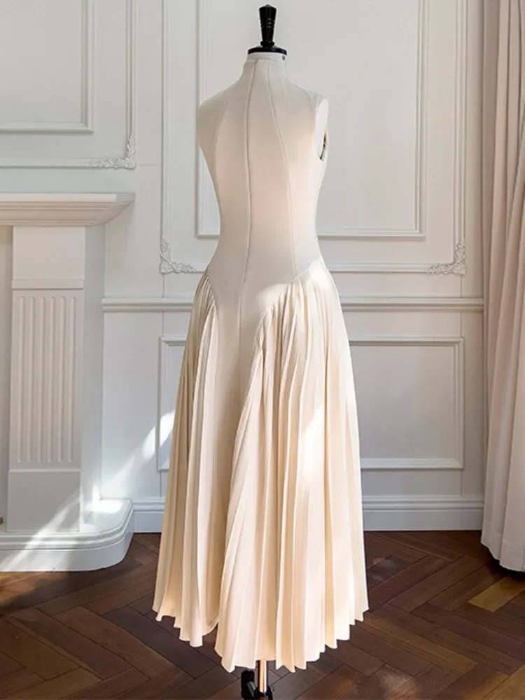 Znbbw Apricot Stand Collar Sleeveless Knit Dress For Women Robe Elegant High Quality Casual Slim Midi Dress Vestido - Image 3