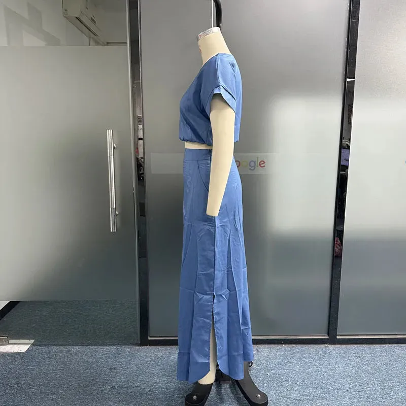 Znbbw Women Two Piece Set Fashion Solid Short Sleeve Crew Neck Top Casual High Waist With Pockets Skirt Sets High Streetwear - Image 5