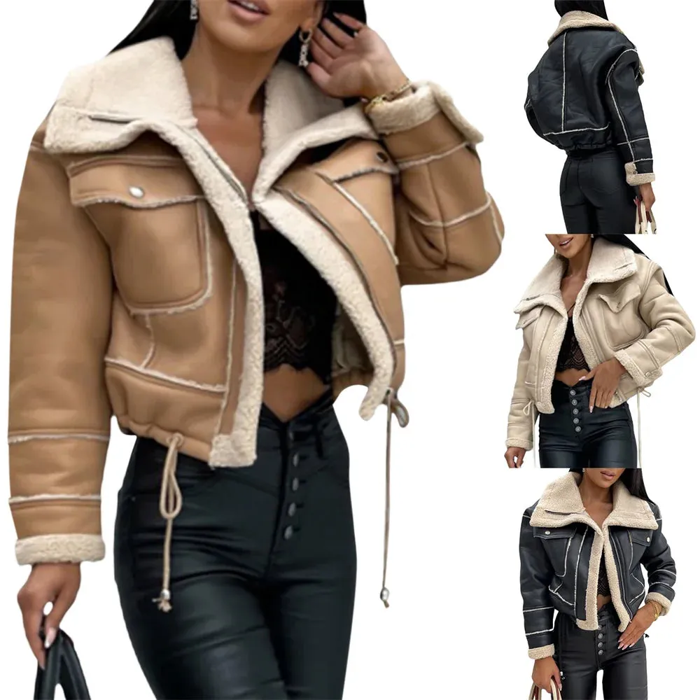Znbbw Women PU Patchwork Warm Plush Jacket Fashion Winter Long Sleeve Zipper Short Coats Streetwear with Pockets Outwear - Image 2