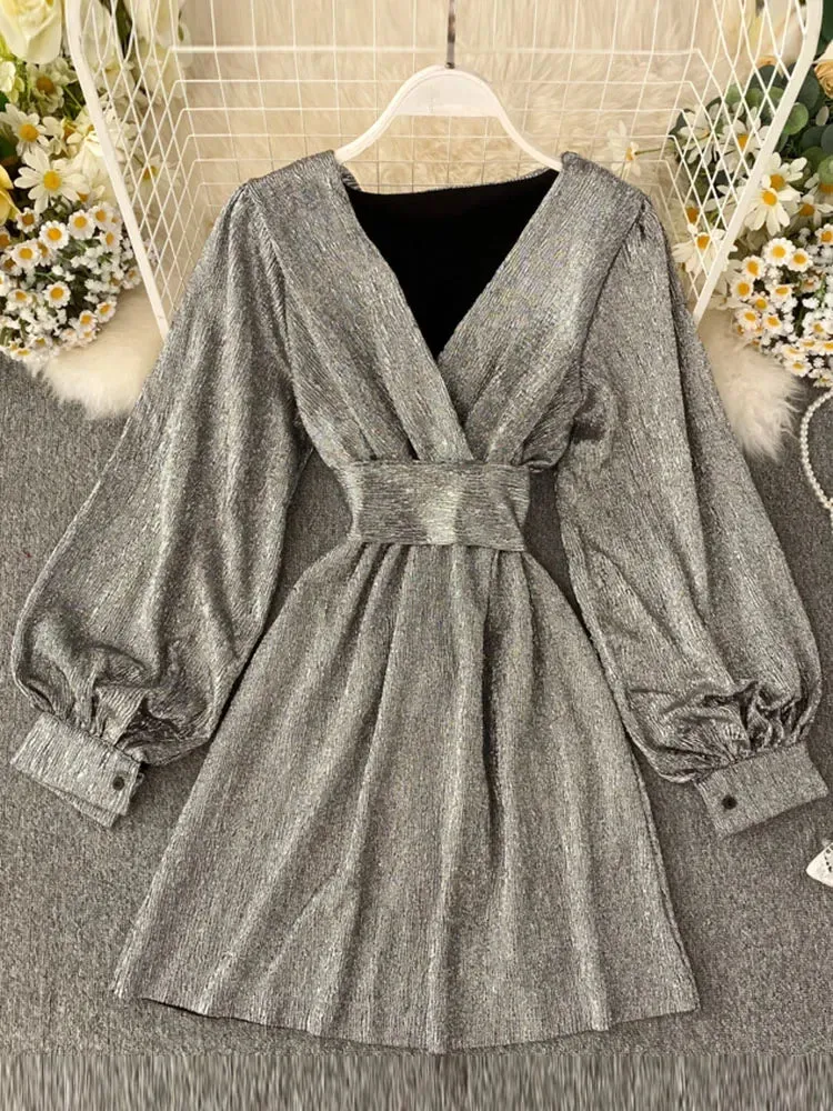 Znbbw Autumn Women's Bright Color Dress V-neck Lantern Sleeve Gold Bright Silk Lace Retro Dress Female Sexy Party Dress GD205 - Image 4