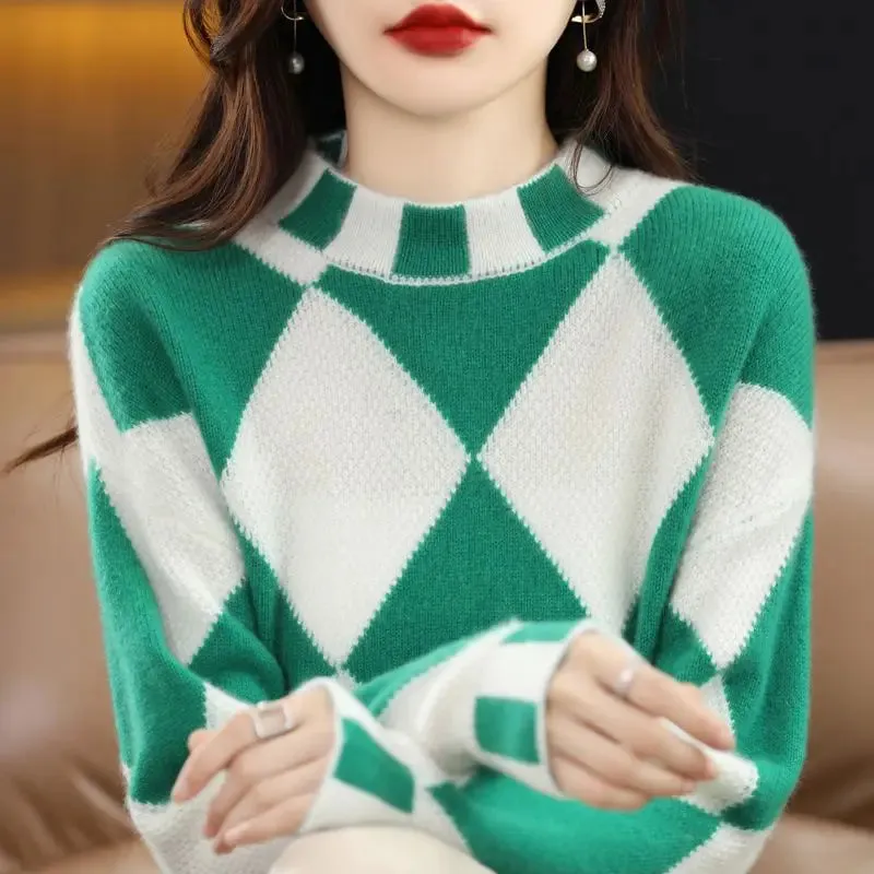 Znbbw 2024 color contrast diamond check sweater women half high neck sweater loose sweater knitting pullover female top - Image 8
