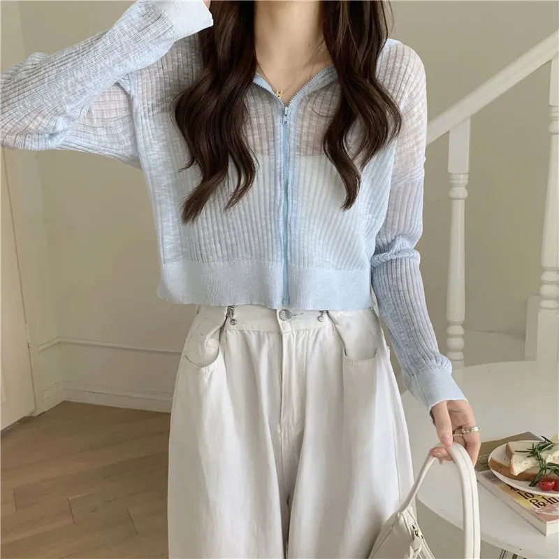 Znbbw Arrival Hoody Knitted Cardigan Girls Summer Thin Transparent Zipper Tee Shirts Women Outerwear Crop Tops - Image 2