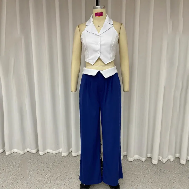 Znbbw Women Two Piece Set Summer Fashion Elegant Solid V Neck Sleeveless Top Casual Loose Wide Legs Pants Sets High Streetwear - Image 3