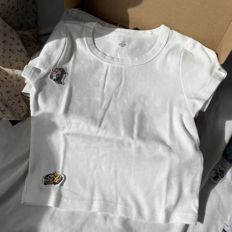 Znbbw Women Solid Vintage Slim T-shirts Cute Sweet Round Neck Short Sleeve Cotton Y2k Crop Top Harajuku Summer Basic Casual Tees Tops - Image 4