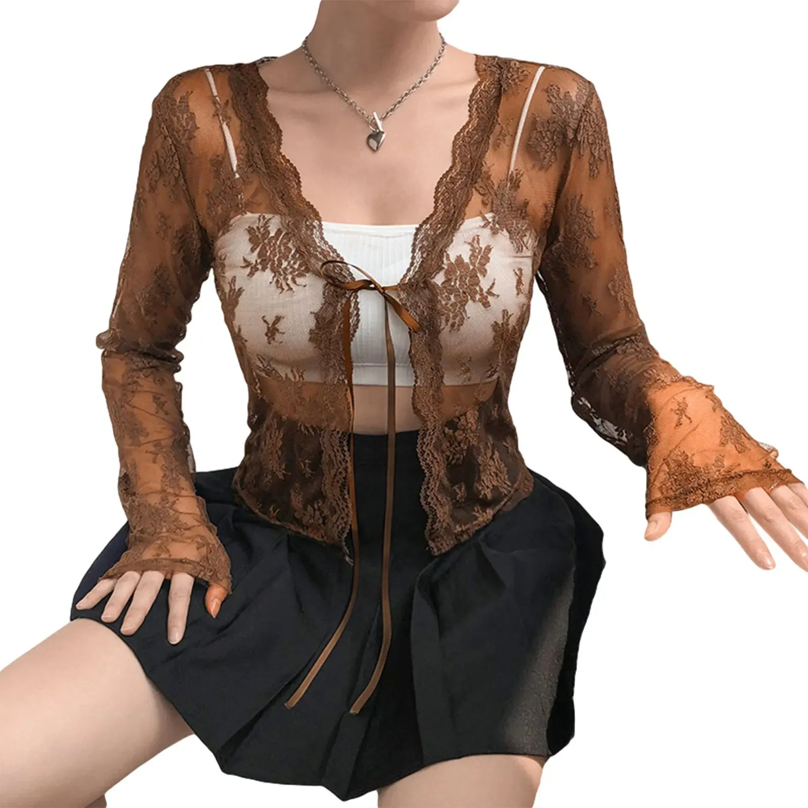 Znbbw Women's Sexy Sheer Shrug, Casual Long Sleeve Tie Up Floral Lace Cropped Cardigan - Image 4