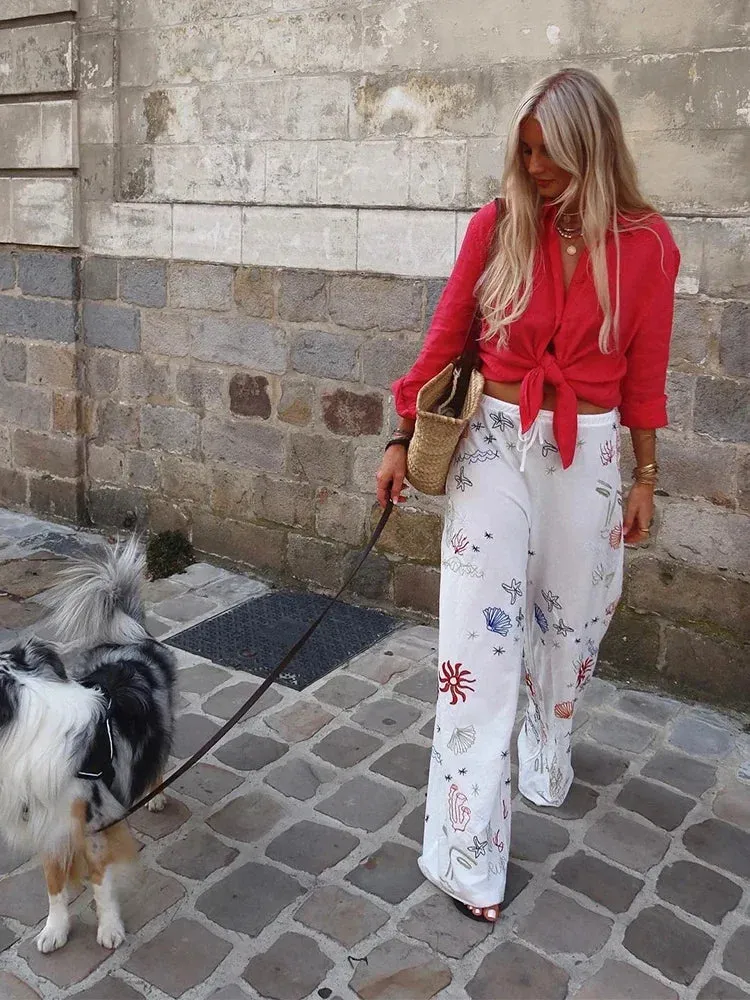 Znbbw Autumn Embroidery Women Cotton Long Pants Drawstring Casual Wide Leg White Trousers 2024 Boho Marine Organism Pants - Image 4