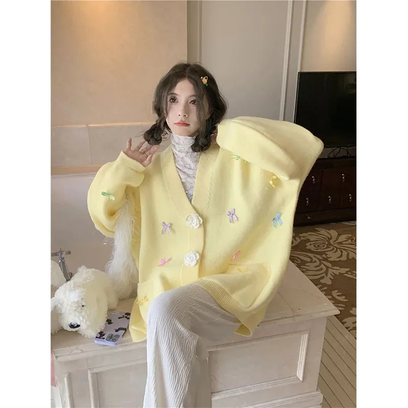 Znbbw 3D Flowers Knitted Cardigan Women Kawaii Bow V Neck Sweater Coat Korean Cute Oversized Knitwear Streetwear Casual Jumper - Image 2