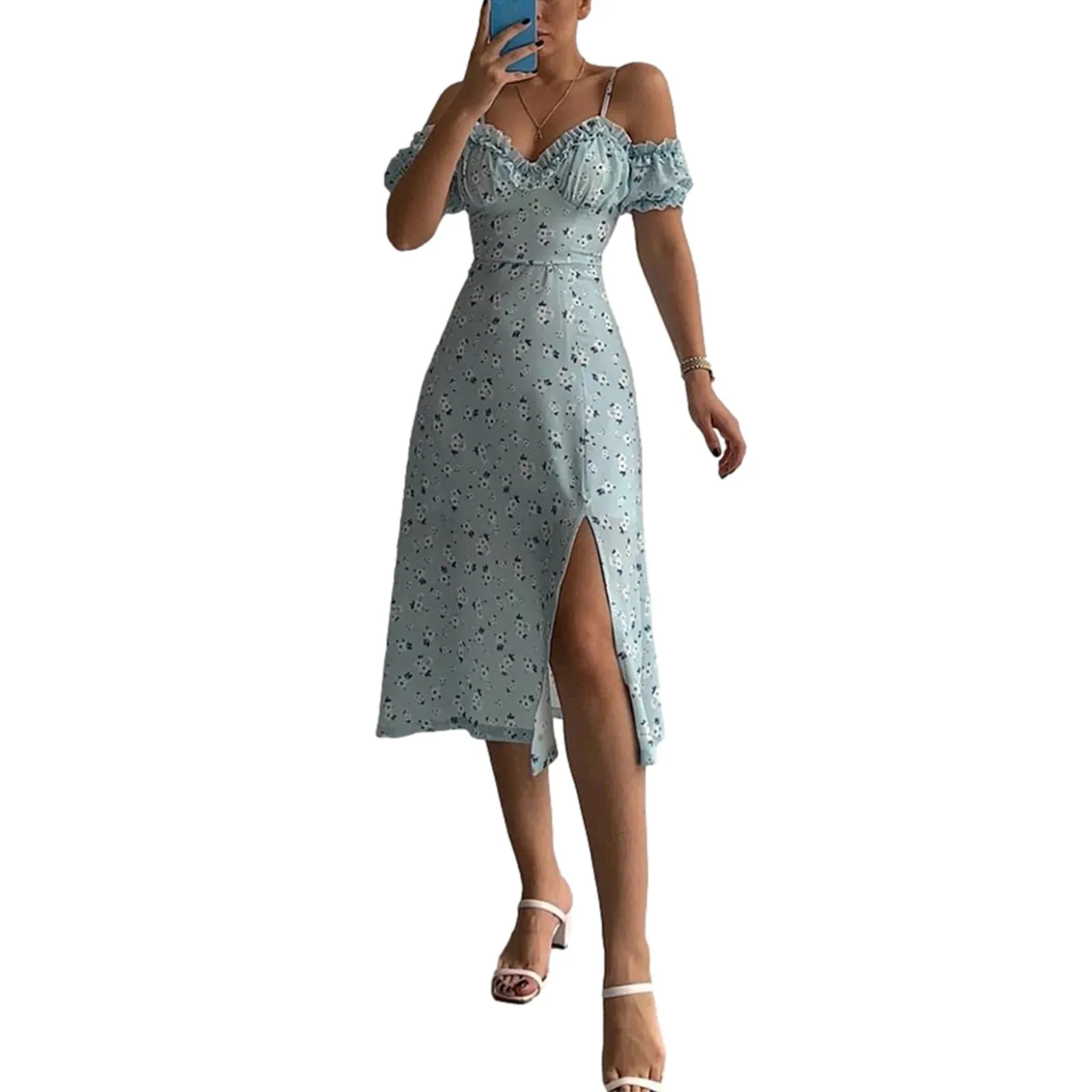 Znbbw Women's Summer Bohemian Floral Dress Sleeveless Backless Spaghetti Straps High Slit Casual Flowy Midi Beach Dress - Image 6