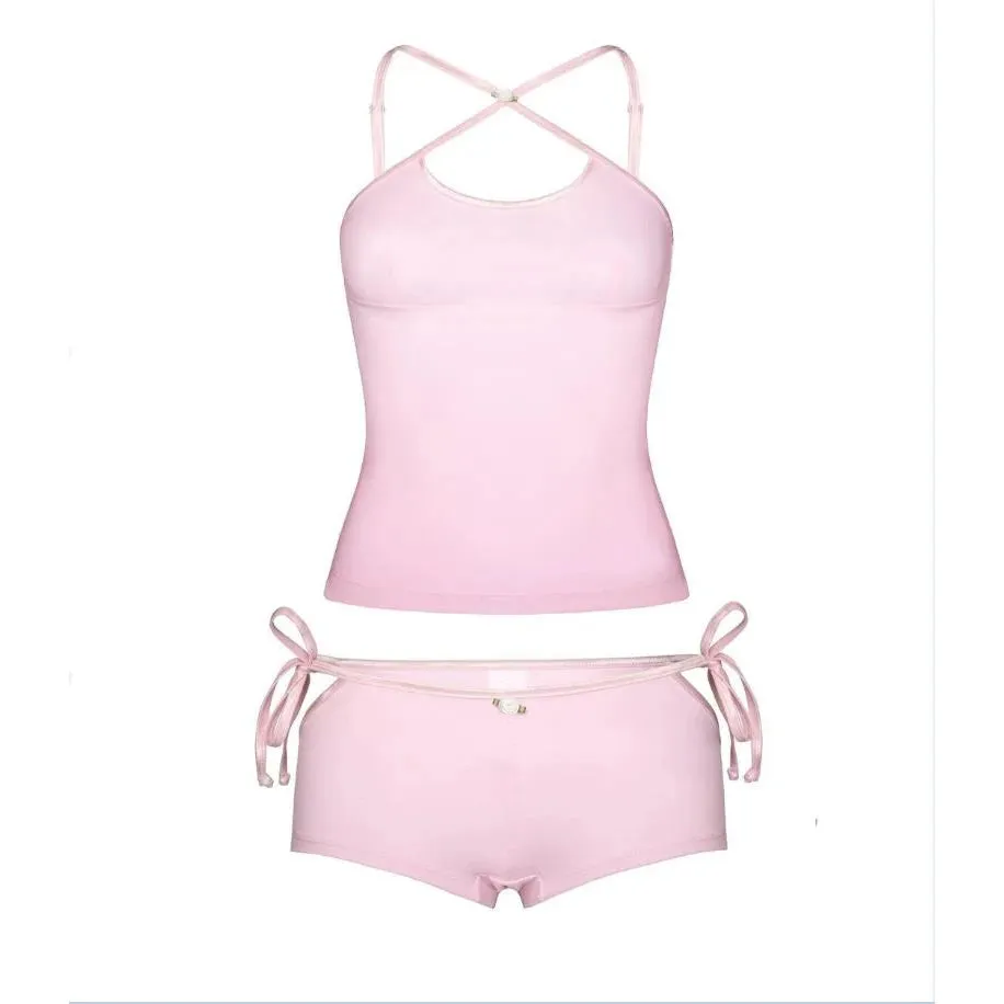 Znbbw Women Summer Sexy Coquette 2 Piece Pajamas Sets Halter Cutout Camis Crop Tops Flower Low Waist Shorts Loungewear Fairy Outfits - Image 7