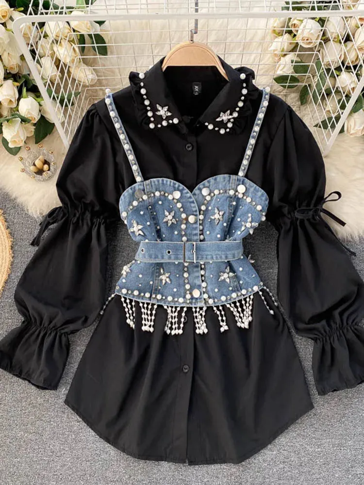 Znbbw Autumn New Blouse Women's Diamond Beaded Puff Sleeve Blusa Top Tassel Pearl Sling Waistcoat Two-piece Stacking Shirt C813 - Image 5