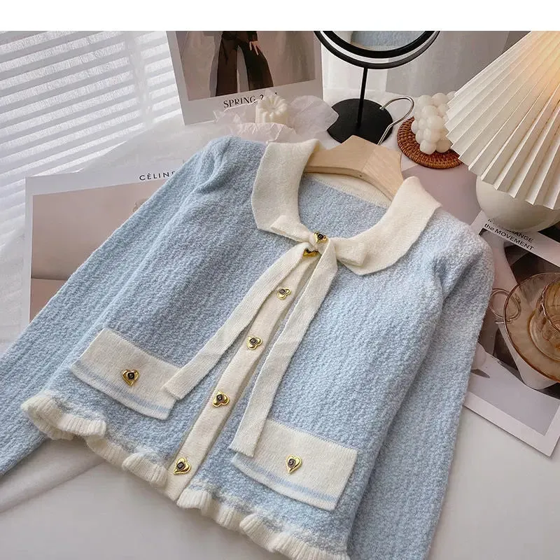 Znbbw Ear Edge Color Contrast Bowknot Sweater Cardigan Women Autumn and Winter 2024 Foreign Small Fragrant Long Sleeve Cardigan - Image 9