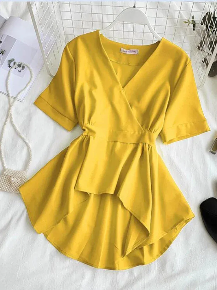 Znbbw Women's Shirt Korean Fashion Black Red Solid Color V-neck Short Sleeve Ruffled Tops Blouses GD471 - Image 2