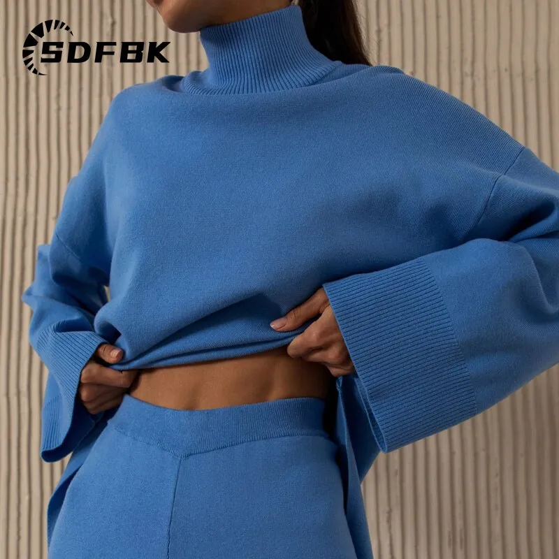 Znbbw Women Wide Legs Pants Irregular Sweater Suit 2023 Autumn Winter 2 Piece Set Casual High Collar Pullover Knitted Sweaters Outfits - Image 2