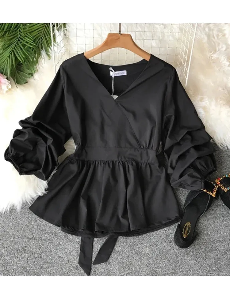 Znbbw Women's Spring Summer Shirt Top New Fashion Shirt V-neck Three Quarter Bow Lacing Waist Pleated Top Shirt Blouse ML831 - Image 7