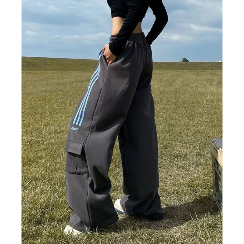 Znbbw Women Streetwear Sweatpants American Retro Striped Loose Wide Leg Pants Casual Female Large Pocket Cargo Trousers New - Image 5