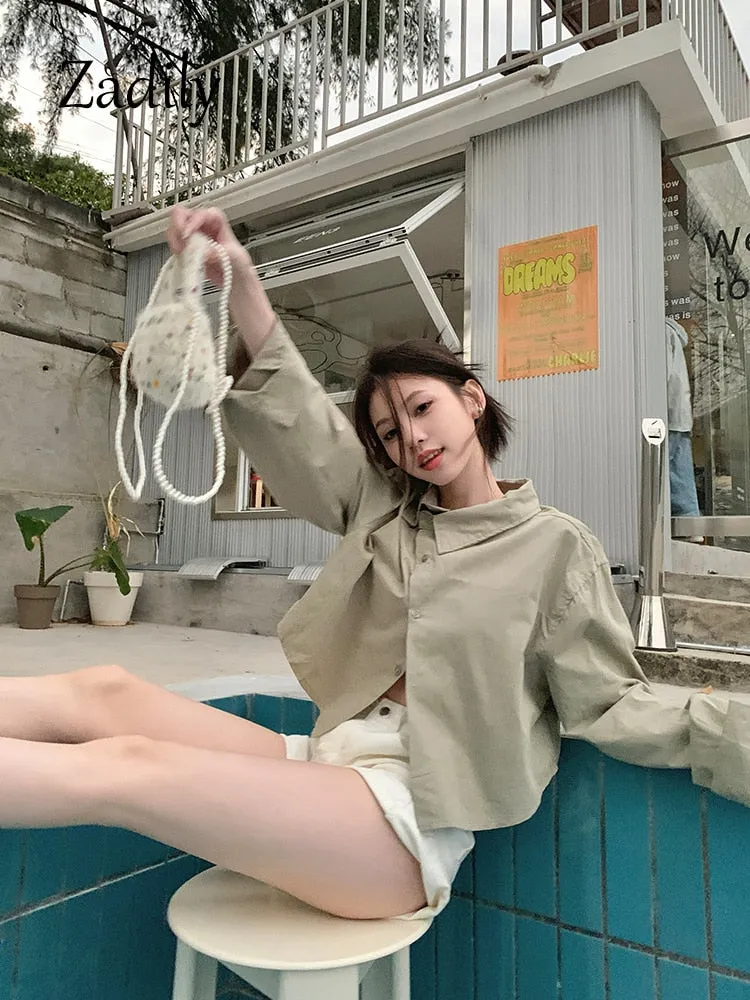 znbbw 2023 Summer Office Lady Long Shirt Women Crop Shirt Korea Style Asymmetrical Button Up Woman Blouse Work Female Clothing - Image 4