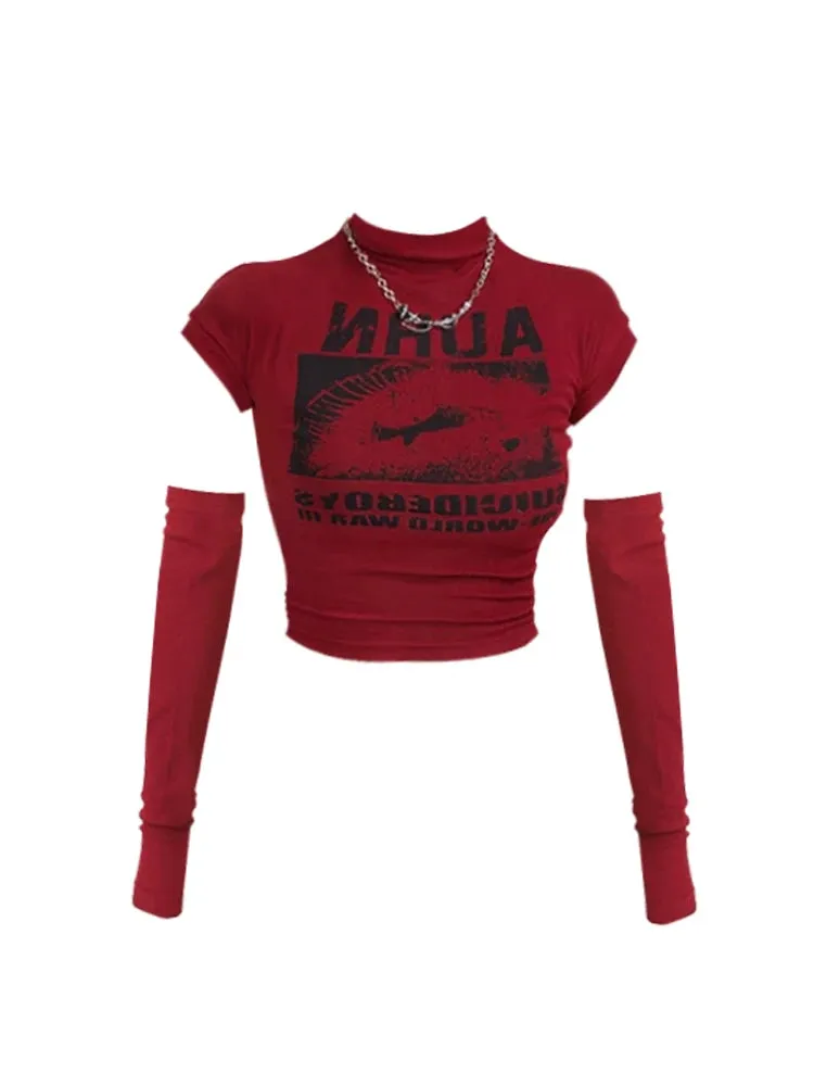 Znbbw Women's Red Letter Print T-shirt Harajuku Korean Y2k Top 2000s 90s Aesthetic Grunge Vintage Removable Sleeves T-shirts Clothes - Image 2