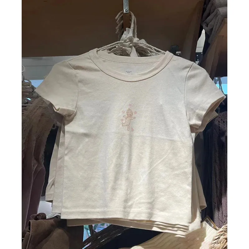 Znbbw Angel Print Slim Tees Women Summer O Neck Cotton Streetwear Short Sleeve Tees Beige Harajuku Vintage Cute Crop Top Y2k - Image 2