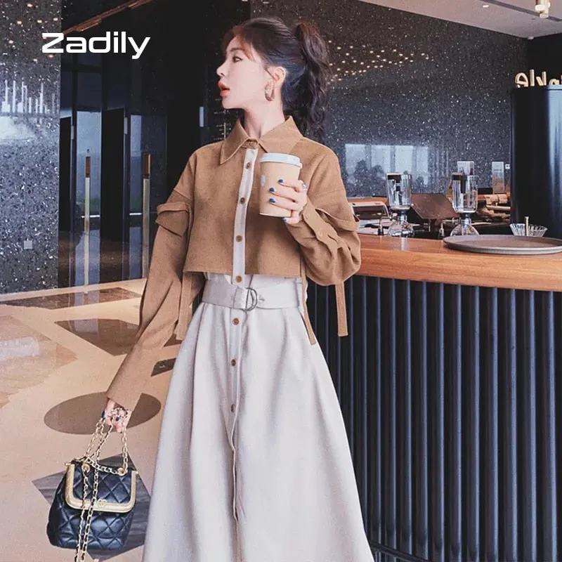 znbbw 2023 Spring Office Lady Long Sleeve Fake Two Pieces Work Maxi Dress Women Patchwork Sashes Shirt Dresses Free Shipping - Image 5