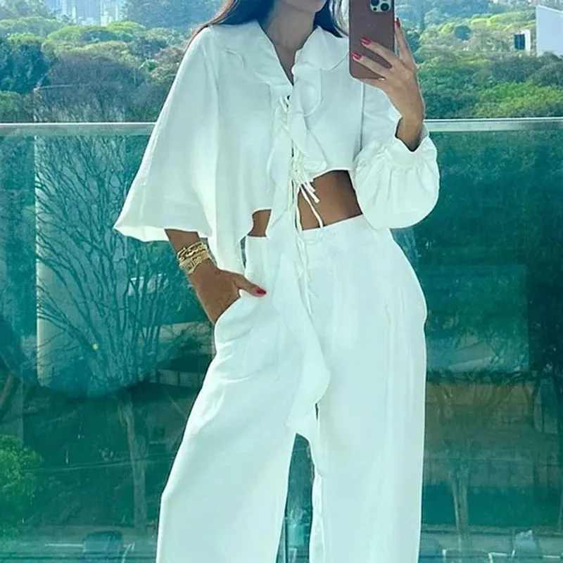 Znbbw Women Two Piece Set Autumn Fashion Solid V Neck Long Sleeves Ruffled Top Casual Loose With Pockets Pants Sets Streetwear