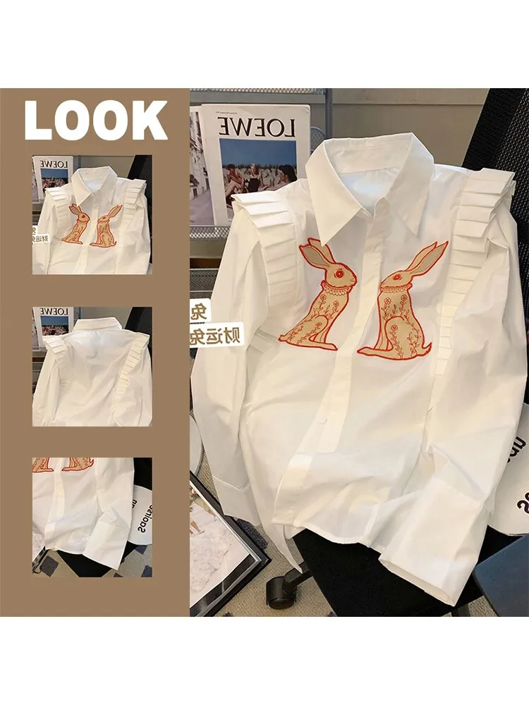 znbbw Women Vintage Rabbit Printed Shirt Single Breasted Streetwear Sweet Chic Fashion Oversized Loose Female Lovely Blouses Tops - Image 3