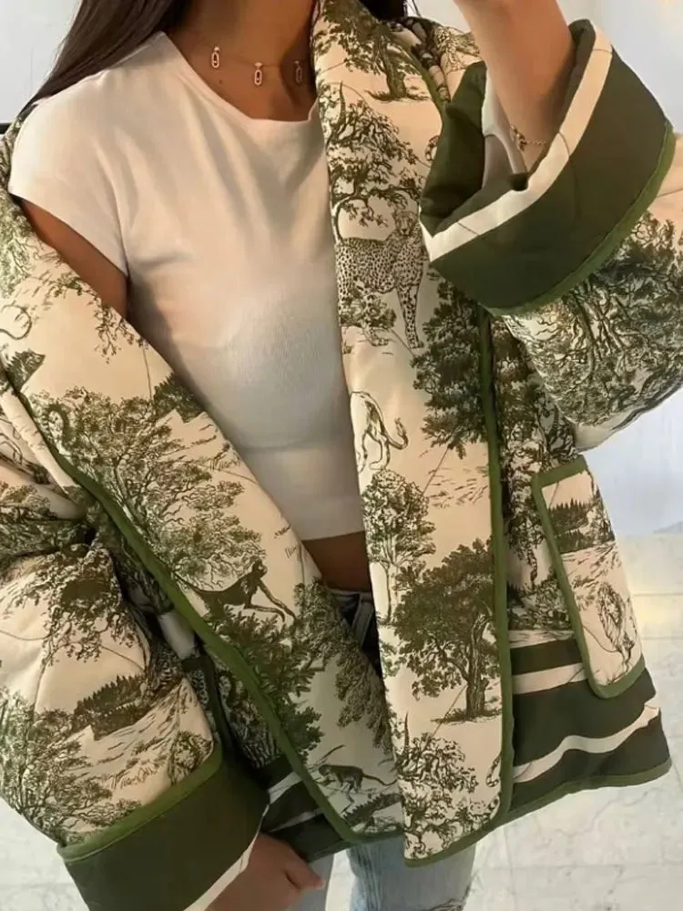 Znbbw Women's Casual Fashion Lapel Printed Cropped Cotton Jacket Elegant Long Sleeved Warm Outwear Female Vacation Streetwear 2023 - Image 4