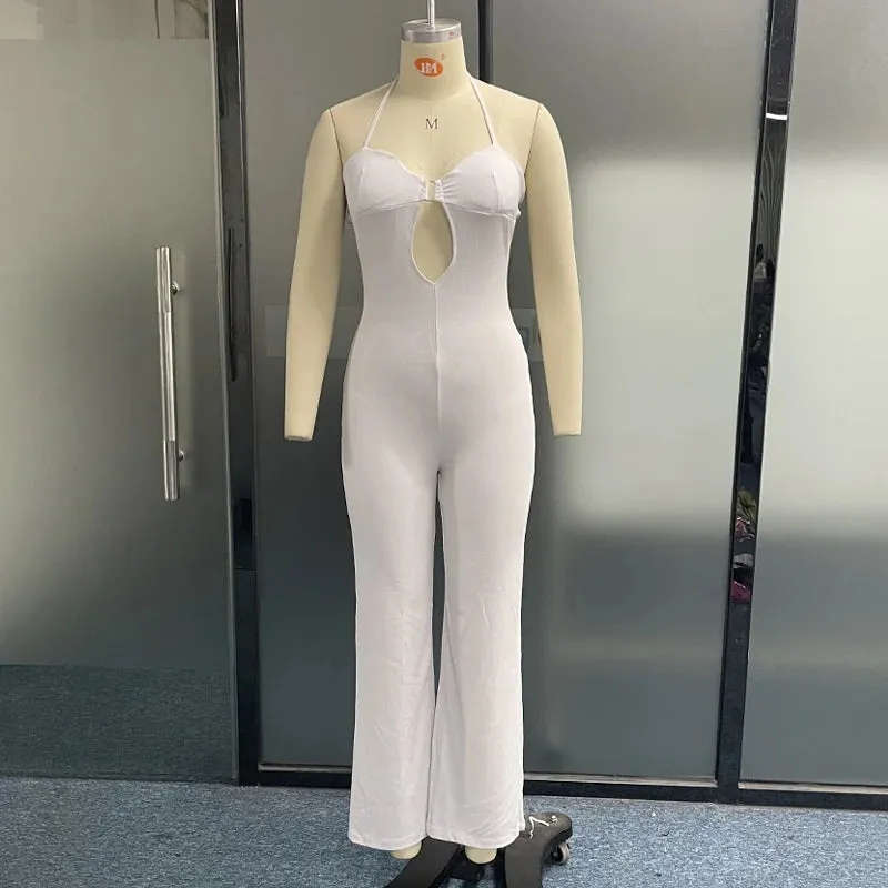 Znbbw Women Jumpsuit Fashion Sexy Halter Lace Up Sleeveless Solid Hollow Loose Wide Legs Pants Party Romper High Streetwear - Image 3