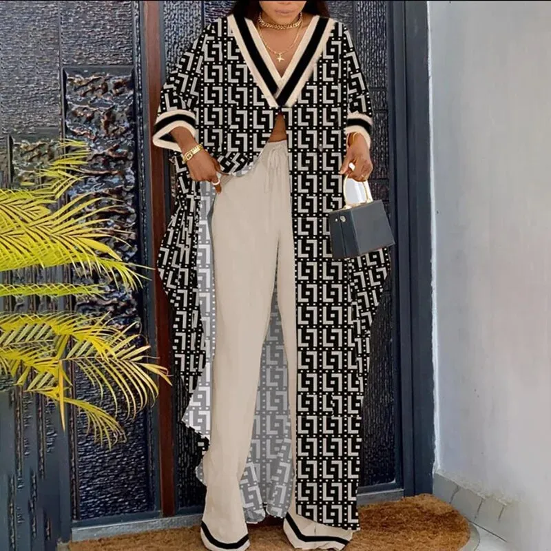 Znbbw Women Printed Pant Sets Summer Loose High Split Top Sundress High Waist Flare Wide Leg Pants Set Female Casual Two Pieces Set - Image 5