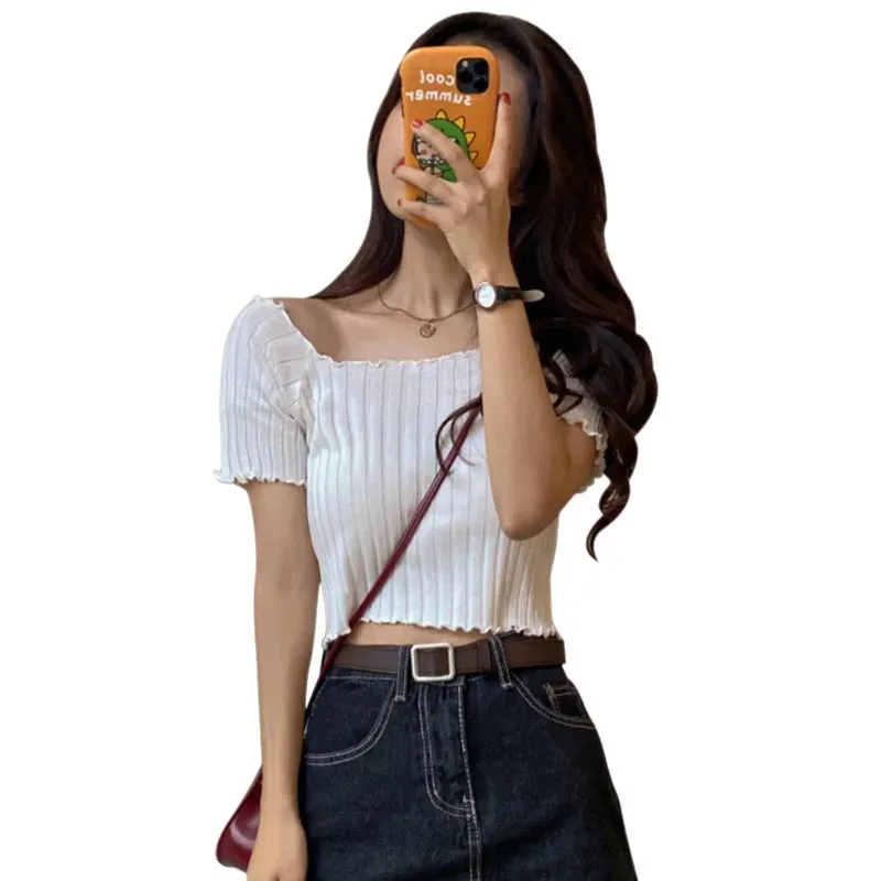 Znbbw Women's One line Neck Sexy Knitted Short Sleeve Top Minimal Open Navel T-shirt Top - Image 3