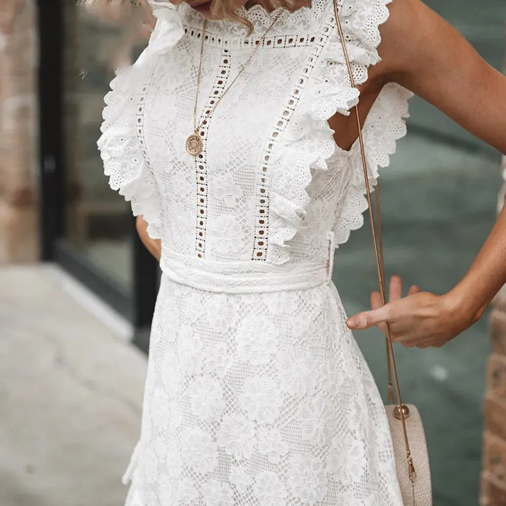Znbbw Women Summer Elegant White Dress Lace Embroidered Evening Party Mini Dress Casual Ruffles Tassel Beach Summer Dress Sundress - Image 3