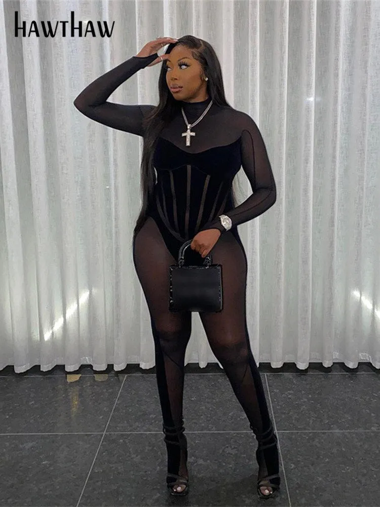 Znbbw Women Sexy Long Sleeve Mesh See Through Bodycon Black Jumpsuit Overalls 2023 Fall Clothing Wholesale Items For Business - Image 2