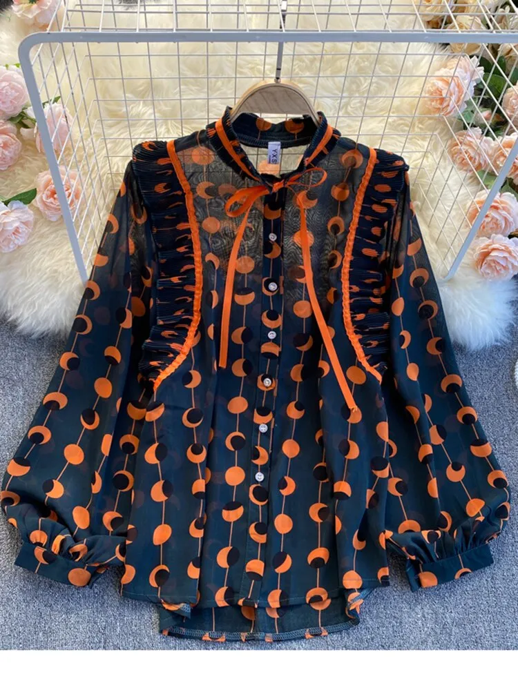 Znbbw Autumn Chiffon Blouse Female Pleated Wood Ear Slim Puff Sleeve Stand Collar Blusa Color Matching Polka Dot Shirt C433 - Image 2