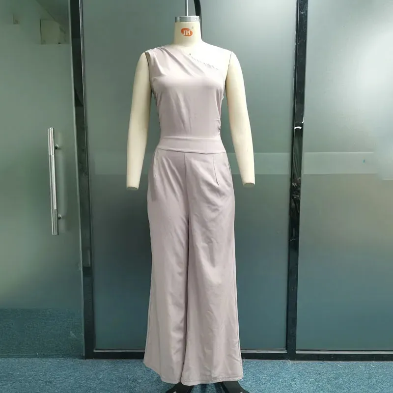 Znbbw Women Jumpsuit Fashion One Shoulder Sleeveless Nipped Waist Loose With Pockets Wide Legs Pants Romper High Streetwear - Image 4