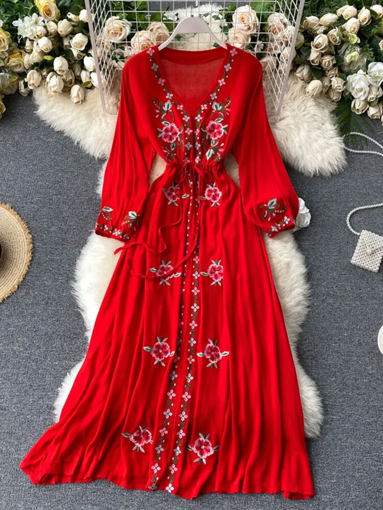 Znbbw Women's Dress Travel Photography Holiday Long Dress 2023 New Retro Ethnic Style Embroidered V-neck Lantern Sleeve Dress Y1034 - Image 2