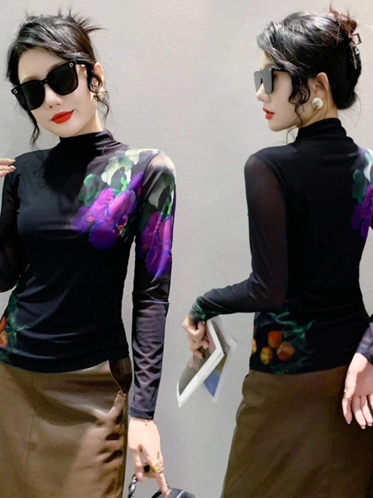 Znbbw Autumn New Half Turtleneck Mesh Positioning Printing T-shirt Women's Fashion Slim Fit Base T Shirts Trend Top BH9796 - Image 2