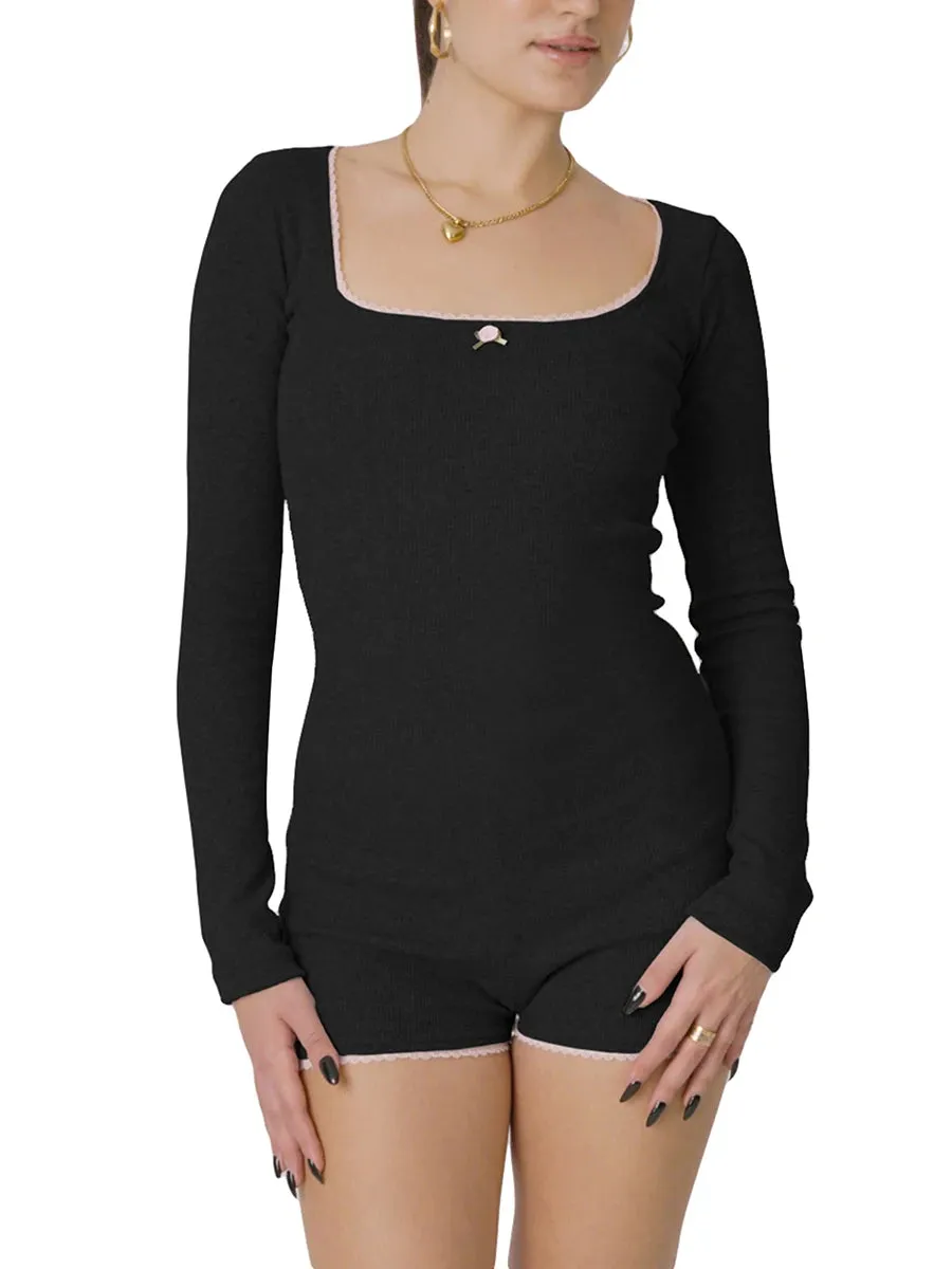 Znbbw Women Y2K Fairy Vintage Lace Trim Flower Long Sleeve Jumpsuits Square Neck Slim Fit Bodysuits Rompers 2000s Aesthetic Clothes - Image 7