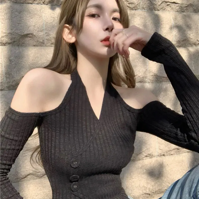 Znbbw Women's Solid Color Off The Shoulder Crop Top Slim Fit Sexy Base Shirt Long Sleeve Sexy Casual T Shirt - Image 4